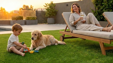 Familia disfrutando pasto sintético